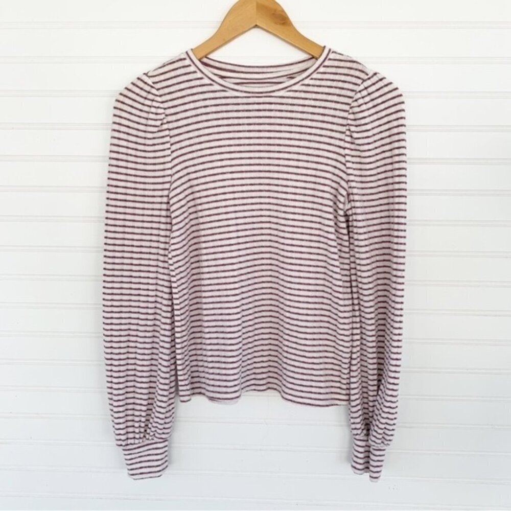 So Pink White Striped Cozy Puff Sleeve Blouse Size S